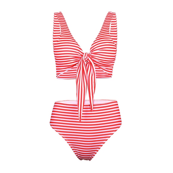 Sexy Striped High Waisted Bottom Knot Front Bikini - Picture 4 of 8
